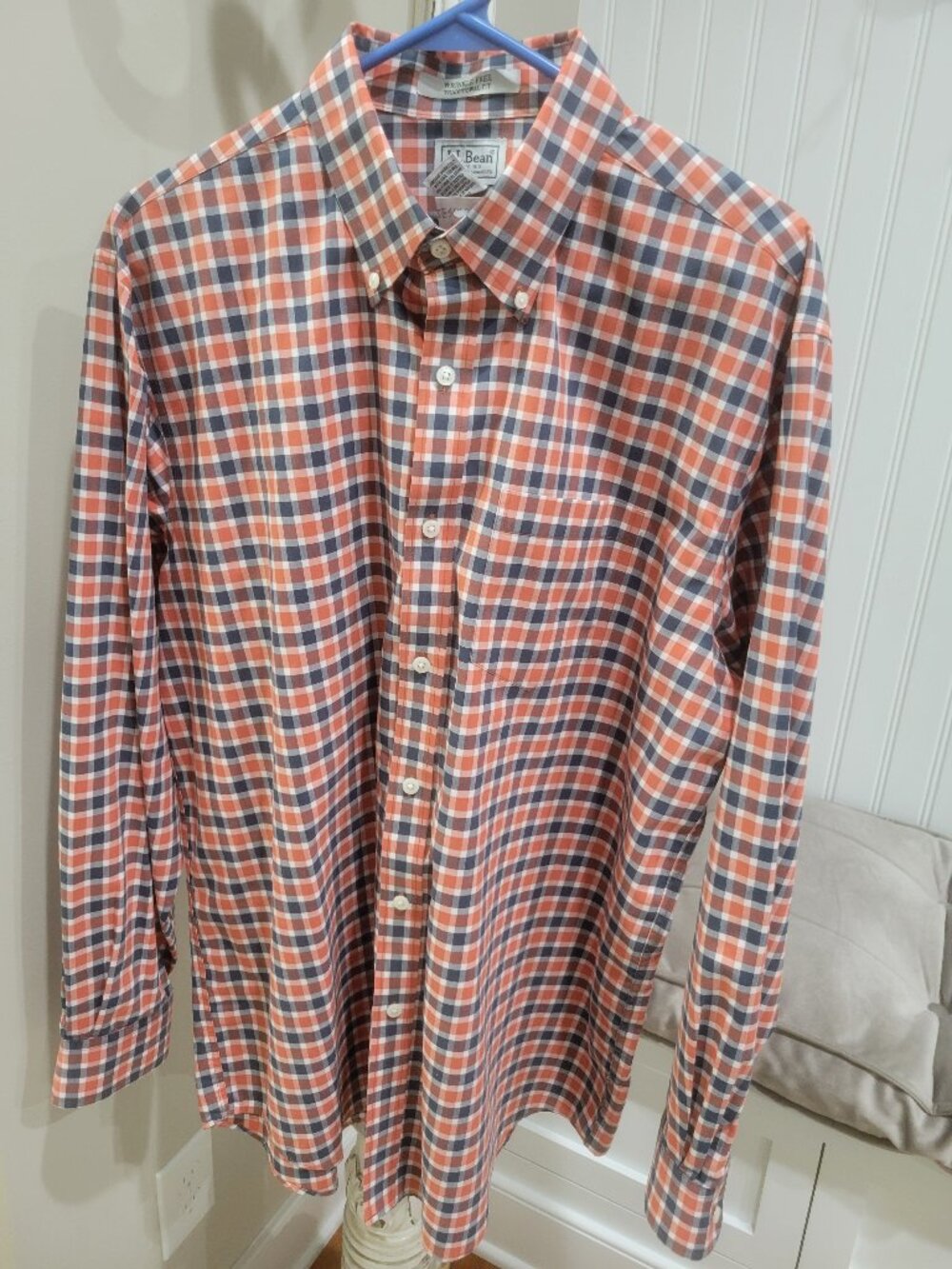 Men's LL Bean Traditional Fit Wrinkle Free Shirt Large Regular Red Blue Check